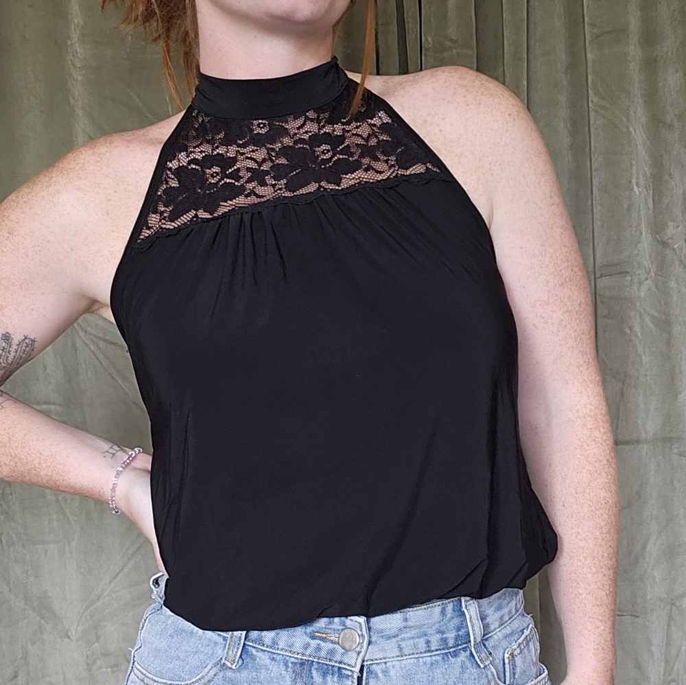 y2k McBling Goth Emo Wet Seal Black Lace Tie Halter Top